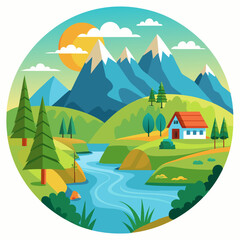 Naklejka premium A Sunny Mountain Landscape with a Winding River and a Cottage