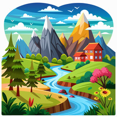 Fototapeta premium Mountainous Landscape with a Winding River and a House