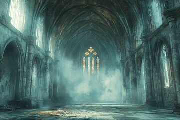 Halloween themed digital art depicting a dark, gothic abandoned chapel hall with fog, perfect for spooky decor or event promotions with copy space.