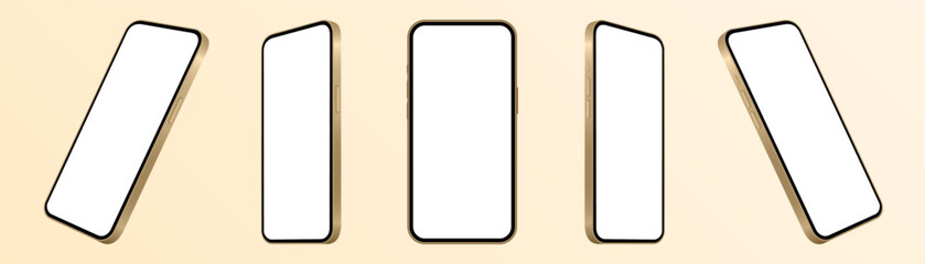 Mockup of a gold phone screen. Social media promotion. Advertising on a smartphone display. Device front view. 3D mobile phone. Cell phone. Beige background	