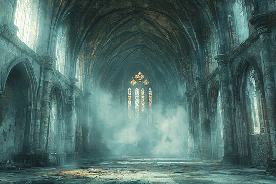 Halloween themed digital art depicting a dark, gothic abandoned chapel hall with fog, perfect for spooky decor or event promotions with copy space.