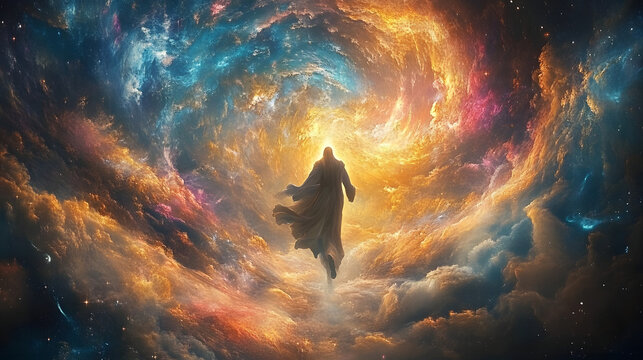 ethereal depiction of enoch ascending to heaven amidst swirling cosmic energies