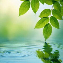 Green leaves on water surface. Beautiful water ripple background for product presentation. 