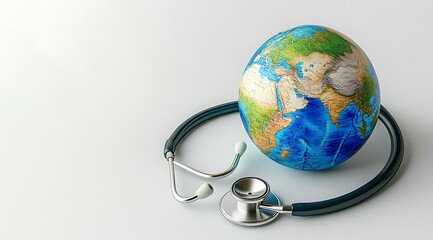 A stethoscope wrapped around a globe on a white background.