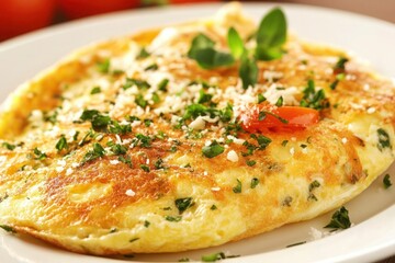 A close-up shot of an omelette on white plate, adorned with fresh herbs and parmesan cheese-gigapixel-hq-scale-6_00x