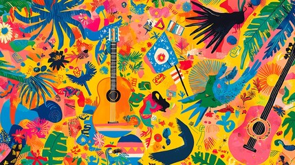 A bright and lively background filled with symbols of Latin American culture, including flags, musical instruments, and traditional patterns. 