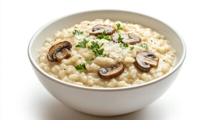 A bowl of creamy risotto with mushrooms and Parmesan, garnished with fresh parsley, centered on a white background for a clean, elegant look.