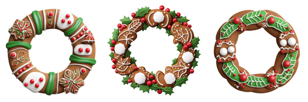 Colorful gingerbread cookie wreaths decorated for the holiday season, featuring festive designs and vibrant colors.