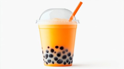 A bubble tea cup with a unique flavor combination and large tapioca pearls, set on a white background with a stylish lid and straw to emphasize the drink appeal.
