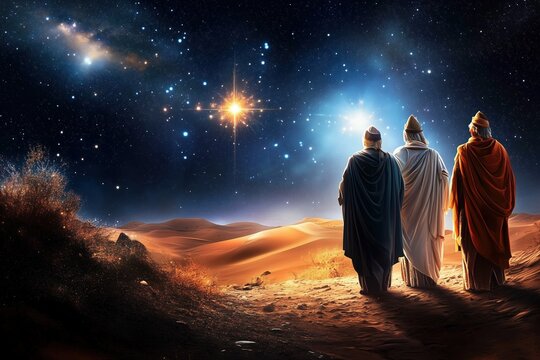 The three wise men walking through the desert following the star to Bethlehem