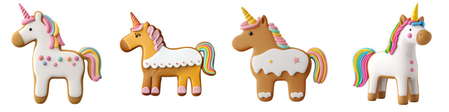 Four colorful unicorns made of gingerbread with delightful decorations, perfect for festive celebrations and children's parties.