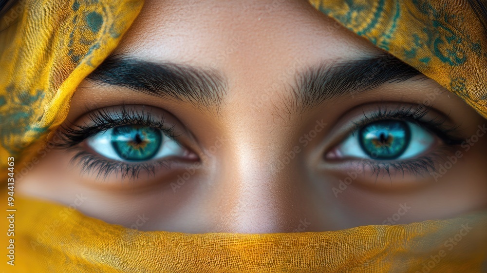 Canvas Prints Close-up of a Woman's Eyes with a Yellow Scarf