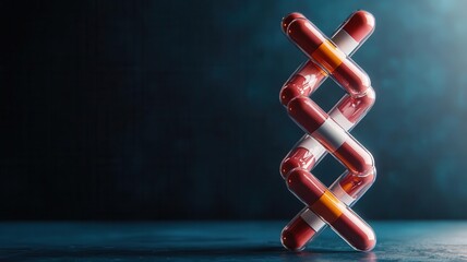 Capsules forming a spiral DNA strand, glowing in a dark environment, futuristic, vibrant colors, hightech, detailed