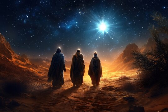 The three wise men walking through the desert following the star to Bethlehem