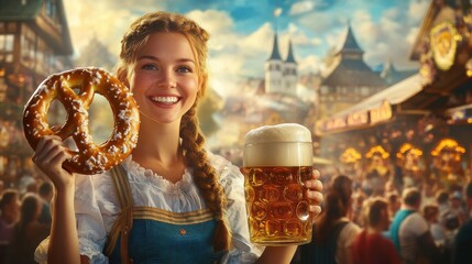 A smiling woman in a dirndl holding a large pretzel and a beer mug at Oktoberfest with a background of a bustling beer tent filled with festival-goers enjoying the celebration