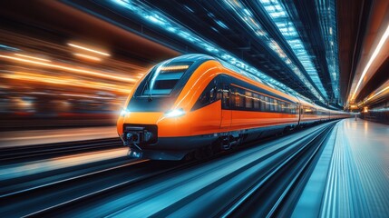 Fototapeta premium High Speed Train Zooming Through Railway Station