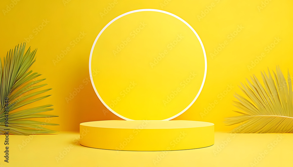 Poster blank yellow display on vivid summer background with minimal style blank stand for showing product 3