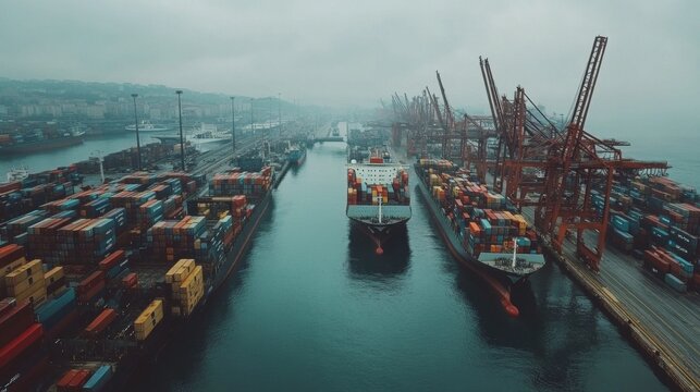 A busy port with cargo ships and containers being unloaded, showcasing the scale of maritime transportation and logistics operations.