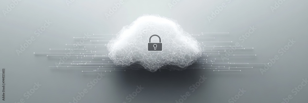 Aufkleber Abstract digital cloud with a lock icon and binary code connections on a gray background. Concept of secure cloud computing and data protection.