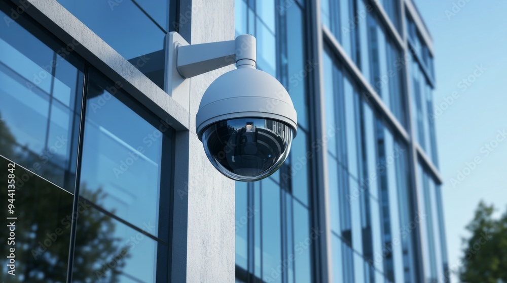 Poster a cctv camera installed on the exterior of a commercial building, capturing a wide-angle view of the