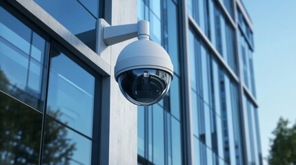 A CCTV camera installed on the exterior of a commercial building, capturing a wide-angle view of the surrounding area with a focus on security and surveillance.