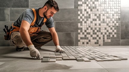 Tiler Laying Ceramic Tiles in a Bathroom