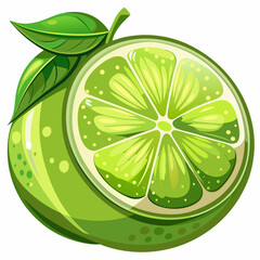 A Halved Lime with Green Leaves on a White Background