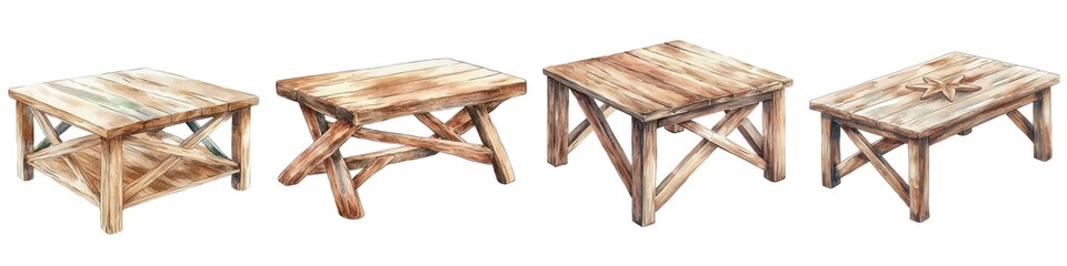 A collection of rustic wooden tables showcasing unique designs and craftsmanship, perfect for home or outdoor settings.