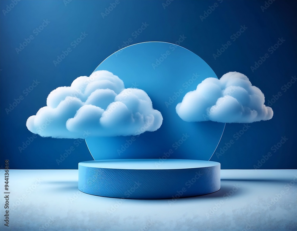 Poster vector realistic podium platform blue clouds abstract stage product placement display