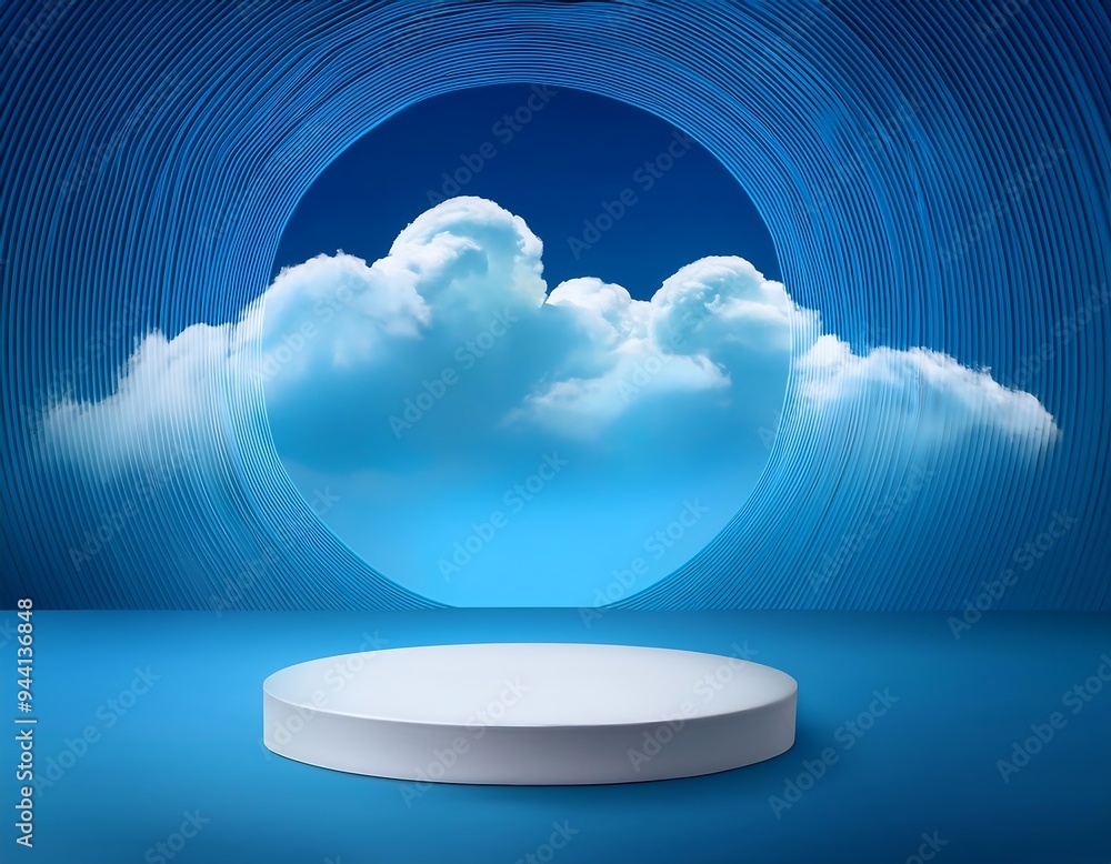 Poster vector realistic podium platform blue clouds abstract stage product placement display