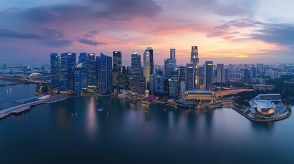 Fototapeta premium Aerial view of Singapore business district and city at twilight in Singapore, Asia