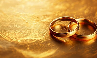 Two wedding rings sit on a textured golden surface, embodying love and commitment
