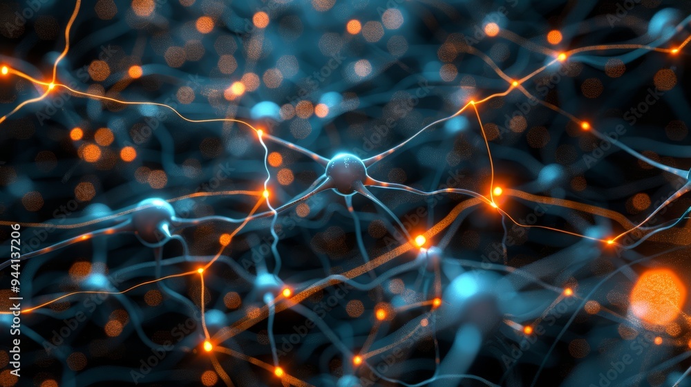 Aufkleber 3D rendering of neural network with glowing connections and digital particles