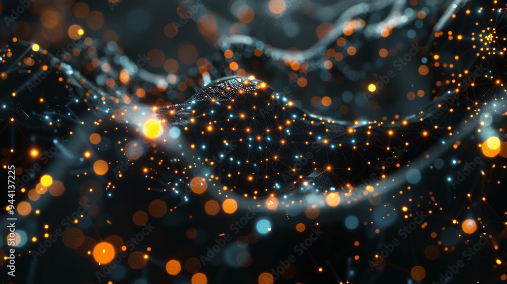 Poster 3D rendering of neural network with glowing connections and digital particles