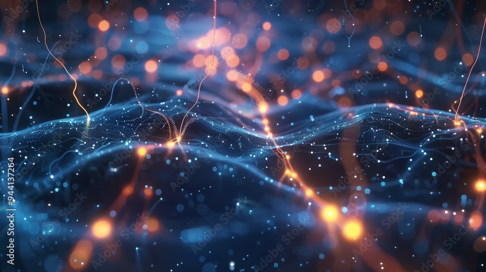 Poster 3D animation of neural network in cyberspace with glowing connections and nodes