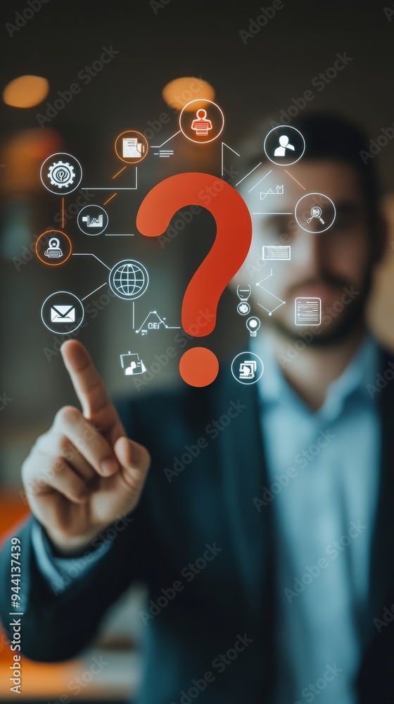 Poster businessman interacting with digital question mark icons on a virtual interface. concept of inquiry,