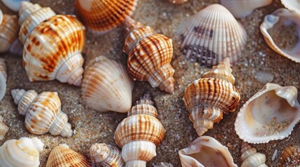 A close-up view of assorted seashells, including some with unique patterns, scattered over a clean, neutral-toned sandy beach