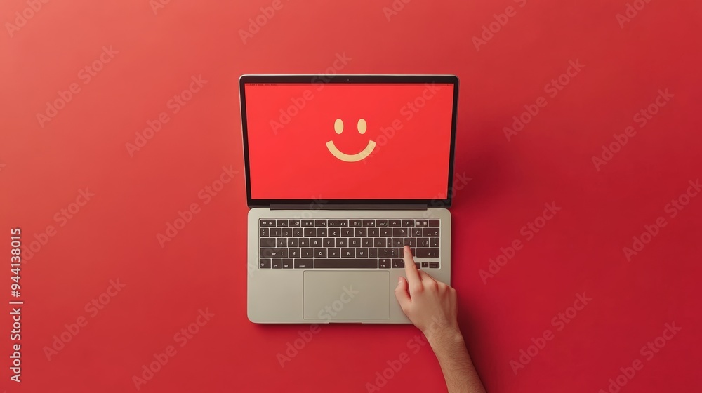 Poster Laptop displaying a smiley face on a red screen with a hand hovering over the keyboard, against a red background. Business and positive digital interaction concept.