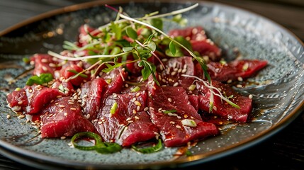 plated dish of bulgogi sliced beef marinated in sauce, garnished with sesame seeds and green onions