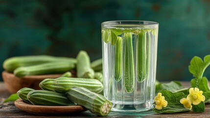 banner promoting a healthy diet with fresh okra seeds and infused water for weight loss, emphasizing nutrition and balance