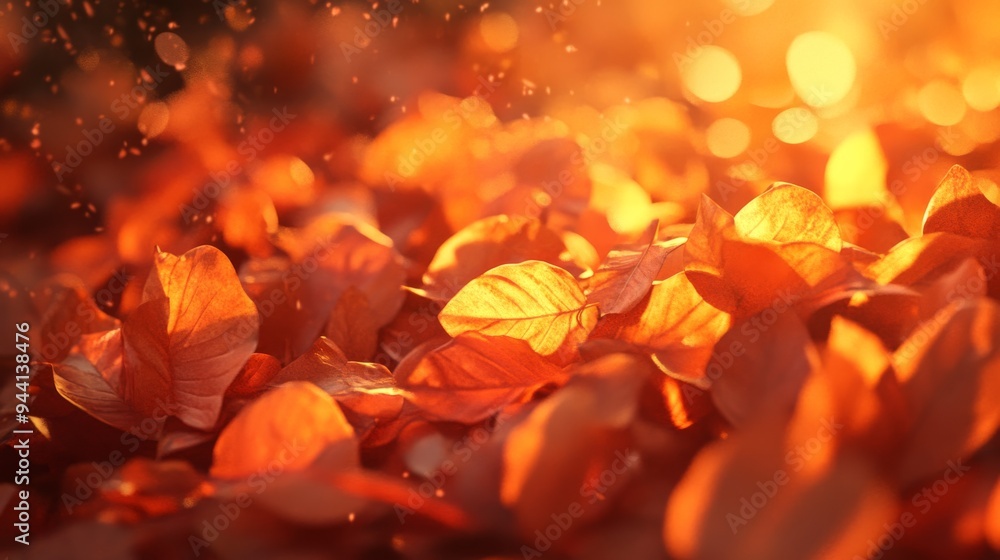Poster A dense cluster of orange autumn leaves illuminated by golden hour light, creating a glowing effect