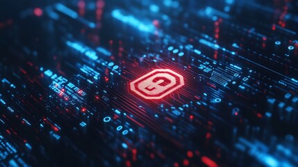 Obraz premium Digital Security with a Red Lock Icon on a Circuit Board