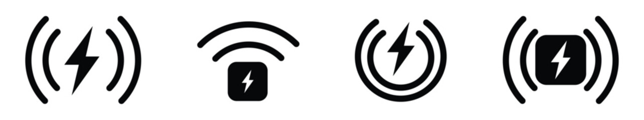Wireless charger icons. Wireless charging battery. Battery charge sign with lightning and waves. Electromagnetic charger icons. Vector illustration.