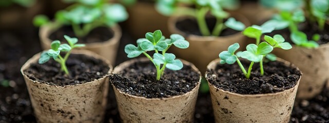Flat lay of potted plants, tinted in green and brown soil, sprouting seedlings in pots made from paper, top view, close-up shot, macro photography, soft lighting, rustic style background, natural colo
