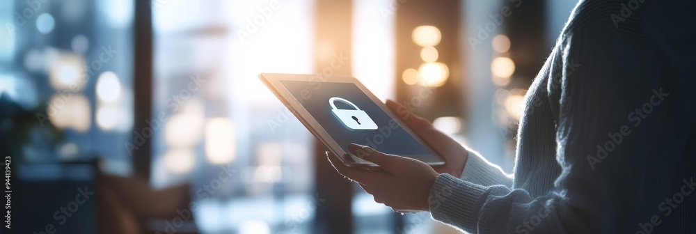 Aufkleber Person using a tablet with a lock icon on screen representing mobile security and online protection. Symbolizes secure access.
