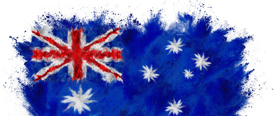 colorful flag of australia with white stars red and blue color holi paint powder explosion isolated white background. australian  national oceania travel and tourism concept. © stockphoto-graf