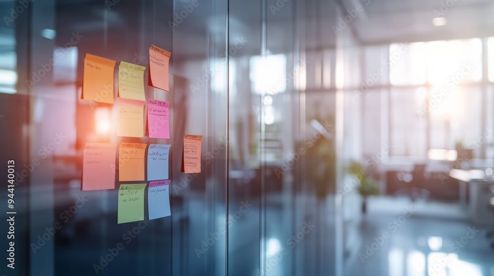 Poster colorful sticky notes on a glass wall in a modern office during a brainstorming session. concept of 