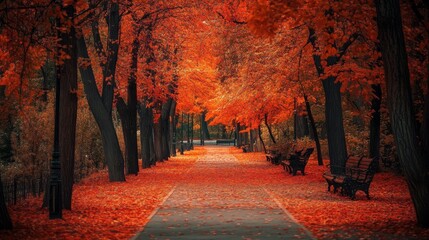 A rich tapestry of orange and red leaves covering a park pathway, creating a warm and inviting scene