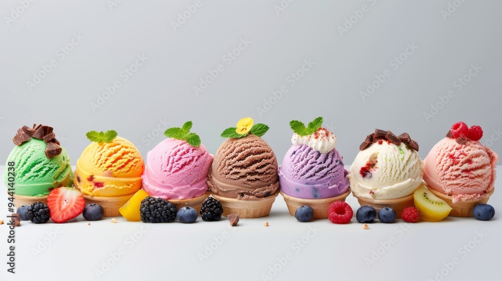 Poster A selection of colorful ice cream scoops arranged in a row on a plain background, each with different toppings and garnishes