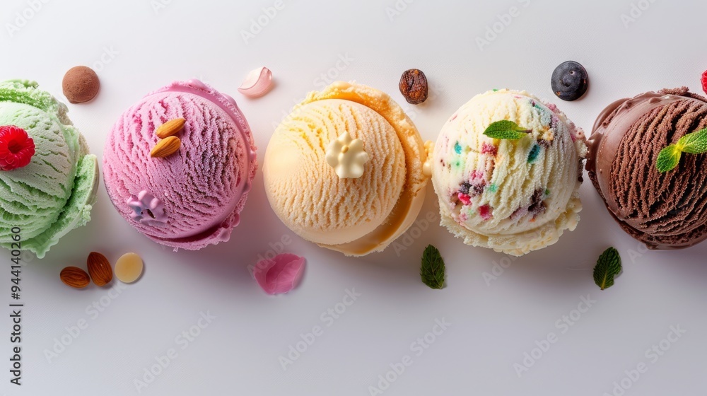 Poster a selection of colorful ice cream scoops arranged in a row on a plain background, each with differen